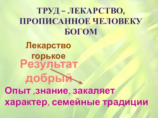 ТРУД – ЛЕКАРСТВО, ПРОПИСАННОЕ ЧЕЛОВЕКУ БОГОМ Лекарство горькое Результат добрый Опыт ,знание, закаляет характер, семейные традиции