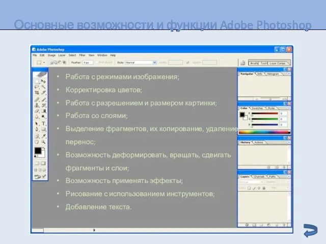 Основные возможности и функции Adobe Photoshop Работа с режимами изображения;