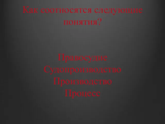 Как соотносятся следующие понятия? Правосудие Судопроизводство Производство Процесс