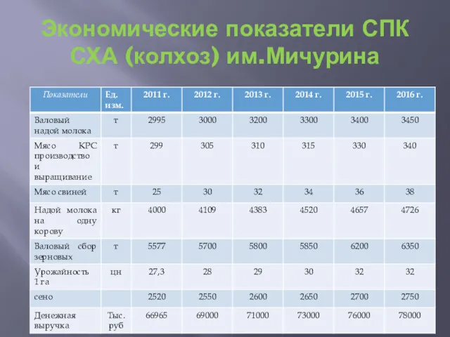 Экономические показатели СПК СХА (колхоз) им.Мичурина