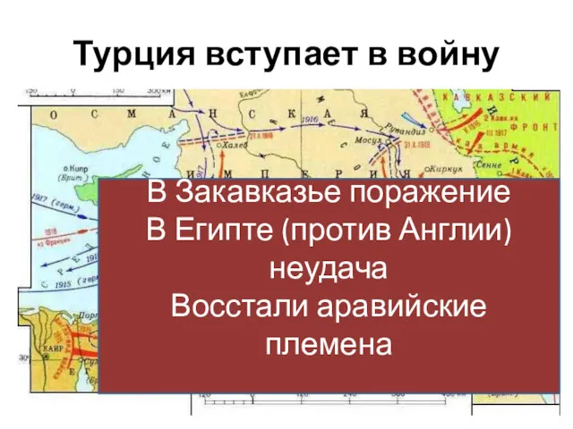 Турция вступает в войну В Закавказье поражение В Египте (против Англии) неудача Восстали аравийские племена