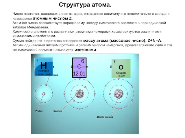 Структура атома. Число протонов, входящих в состав ядра, определяет величину