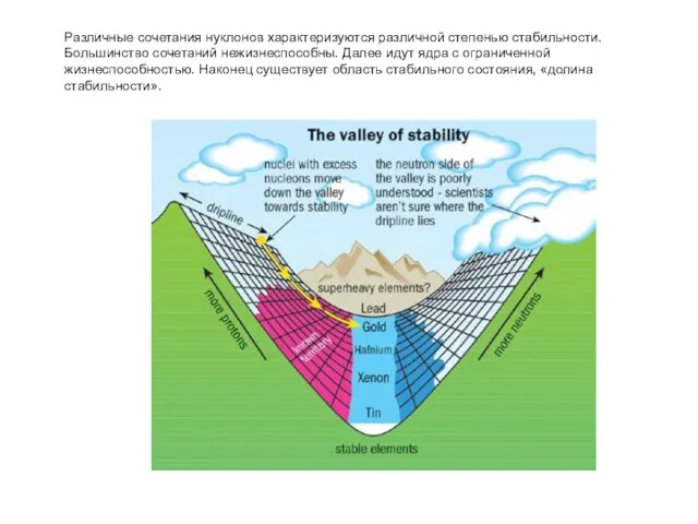 Различные сочетания нуклонов характеризуются различной степенью стабильности. Большинство сочетаний нежизнеспособны.