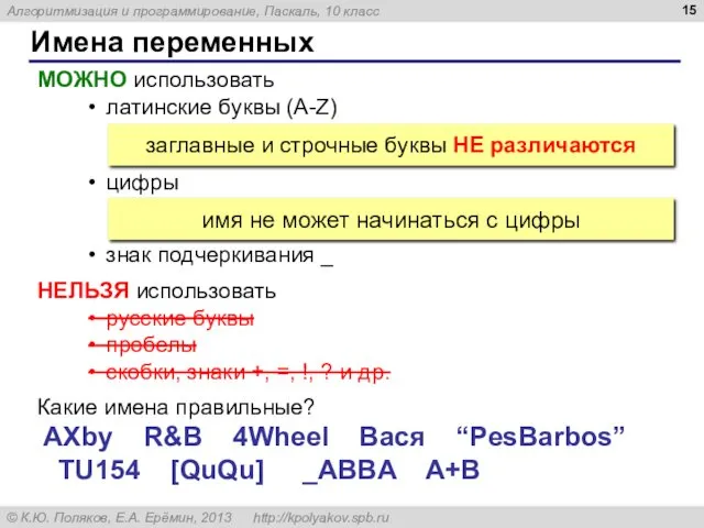 Имена переменных МОЖНО использовать латинские буквы (A-Z) цифры знак подчеркивания