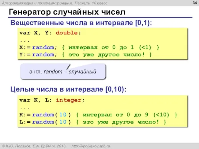 Генератор случайных чисел Вещественные числа в интервале [0,1): var X,