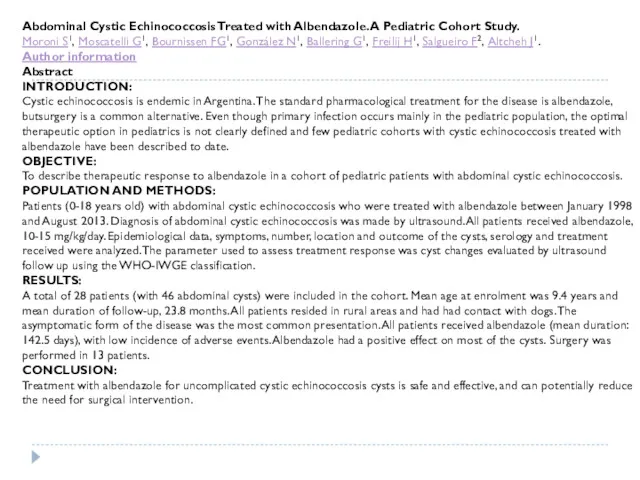 Abdominal Cystic Echinococcosis Treated with Albendazole. A Pediatric Cohort Study.