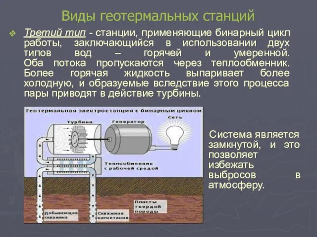 Виды геотермальных станций Третий тип - станции, применяющие бинарный цикл