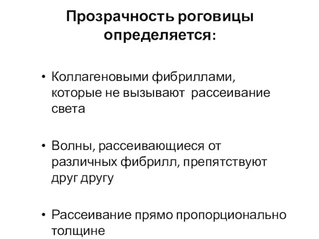 Прозрачность роговицы определяется: Коллагеновыми фибриллами, которые не вызывают рассеивание света