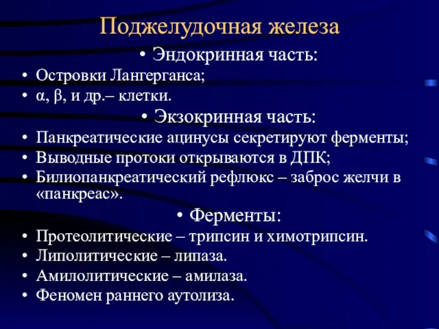 Поджелудочная железа Эндокринная часть: Островки Лангерганса; α, β, и др.–