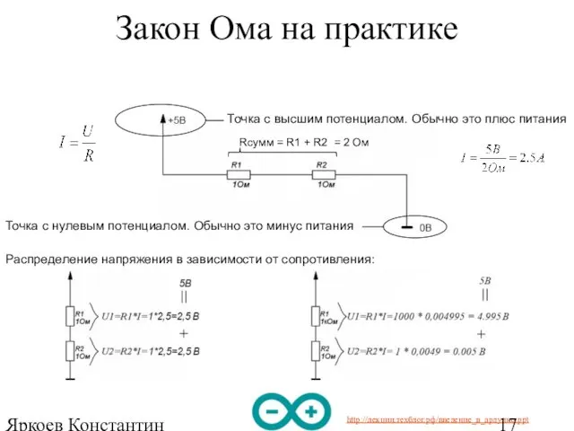 Яркоев Константин Евгеньевич Закон Ома на практике Rсумм = R1 + R2 =