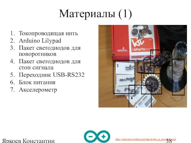 Яркоев Константин Евгеньевич Материалы (1) Токопроводящая нить Arduino Lilypad Пакет светодиодов для поворотников