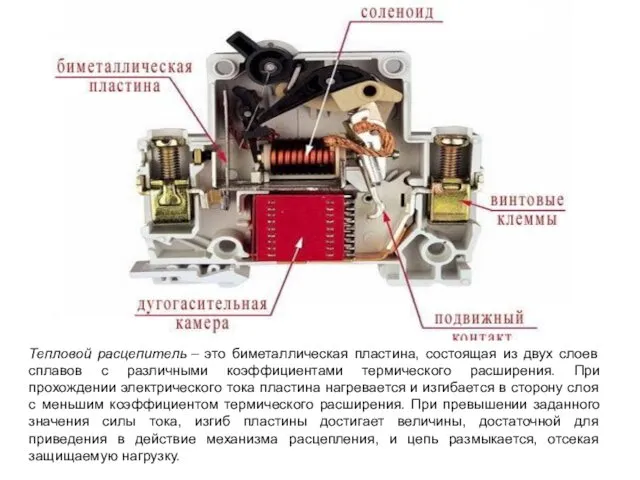 Тепловой расцепитель – это биметаллическая пластина, состоящая из двух слоев