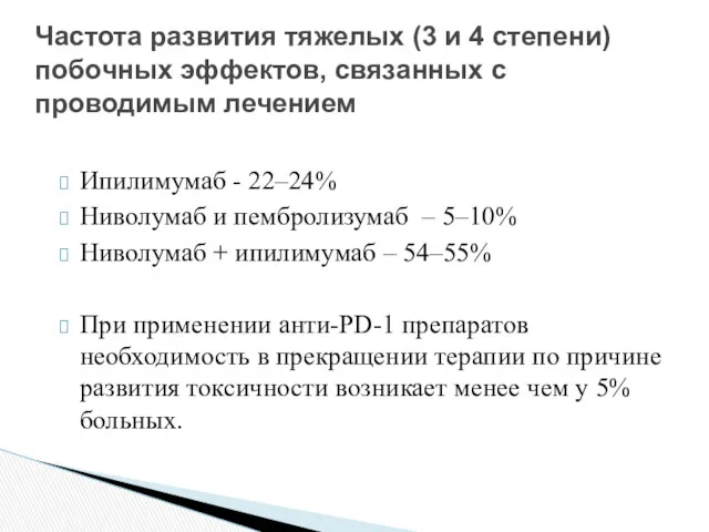 Ипилимумаб - 22–24% Ниволумаб и пембролизумаб – 5–10% Ниволумаб +