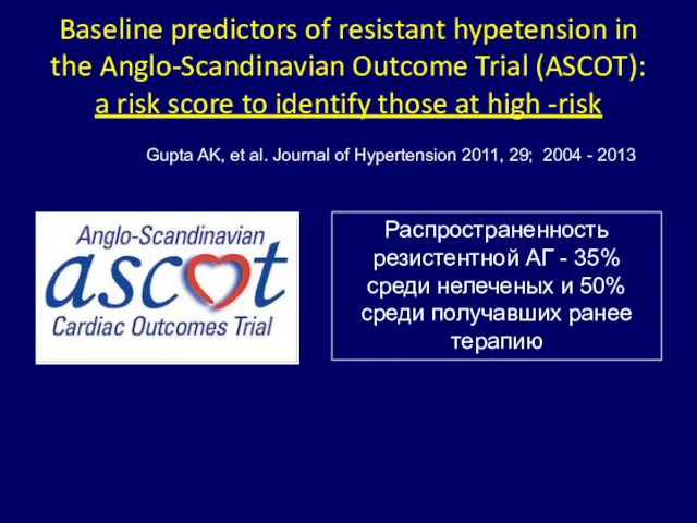 Распространенность резистентной АГ - 35% среди нелеченых и 50% среди