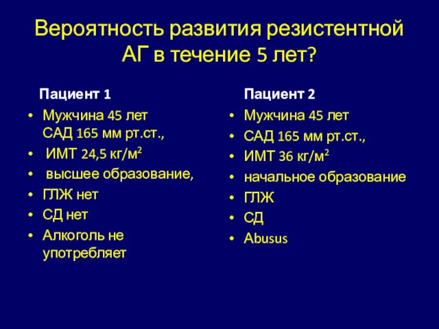 Вероятность развития резистентной АГ в течение 5 лет? Пациент 1