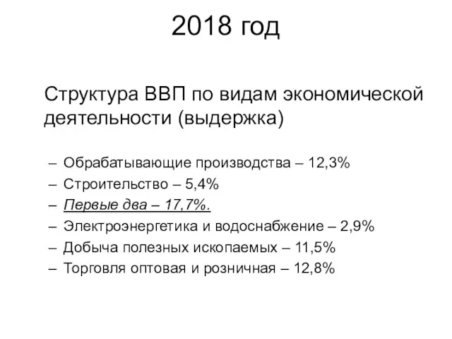 2018 год Структура ВВП по видам экономической деятельности (выдержка) Обрабатывающие