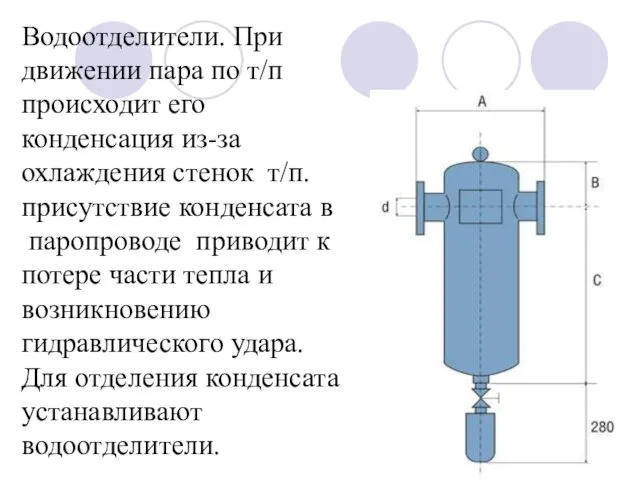 Водоотделители. При движении пара по т/п происходит его конденсация из-за