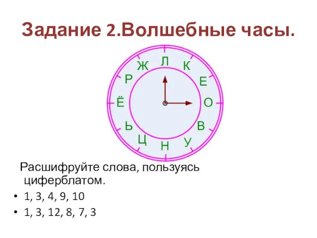 Задание 2.Волшебные часы. Расшифруйте слова, пользуясь циферблатом. 1, 3, 4,