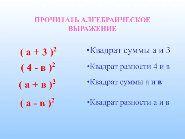 ПРОЧИТАТЬ АЛГЕБРАИЧЕСКОЕ ВЫРАЖЕНИЕ ( а + 3 )2 Квадрат суммы