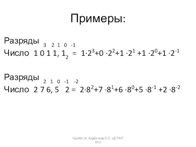 Примеры: Разряды 3 2 1 0 -1 Число 1 0