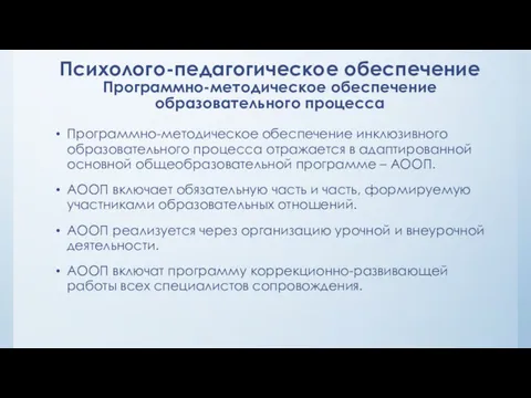 Психолого-педагогическое обеспечение Программно-методическое обеспечение образовательного процесса Программно-методическое обеспечение инклюзивного образовательного