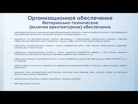 Организационное обеспечение Материально-техническое (включая архитектурное) обеспечение соблюдение санитарно-гигиенических норм образовательного