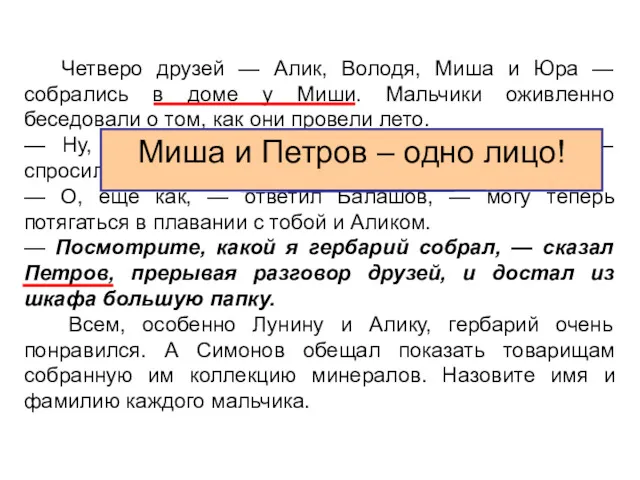 Четверо друзей — Алик, Володя, Миша и Юра — собрались