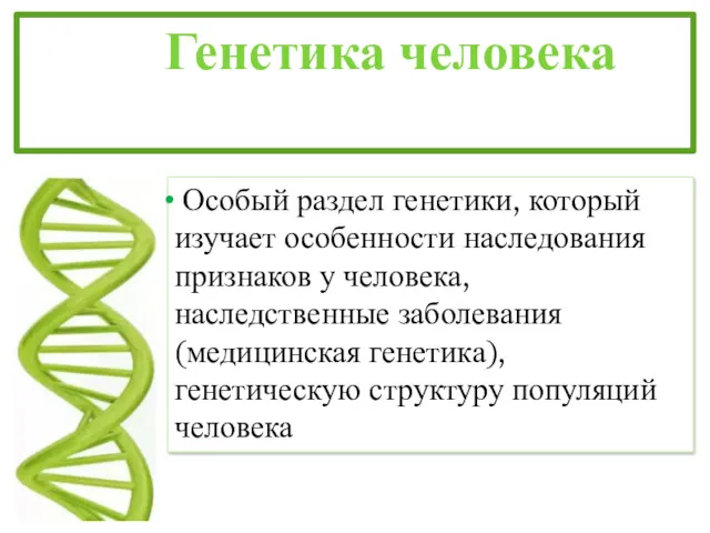 Генетика человека Особый раздел генетики, который изучает особенности наследования признаков