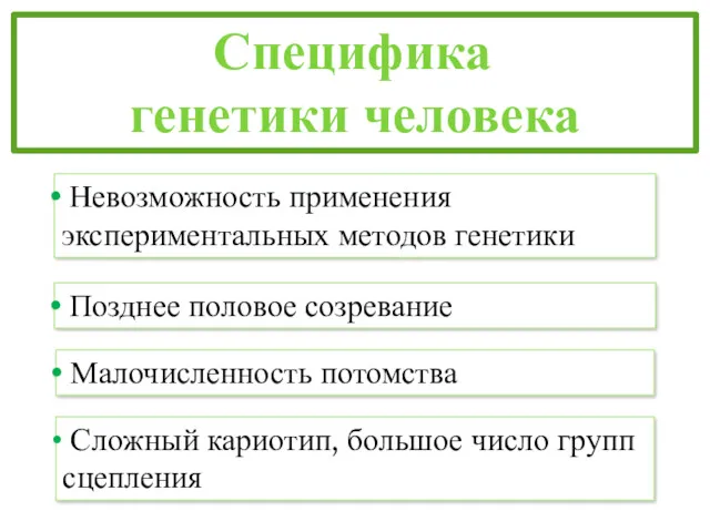 Специфика генетики человека Невозможность применения экспериментальных методов генетики Позднее половое