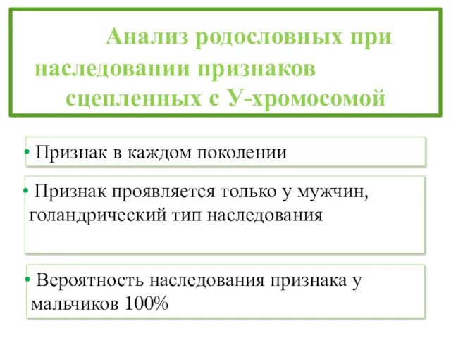 Анализ родословных при наследовании признаков сцепленных с У-хромосомой Признак в