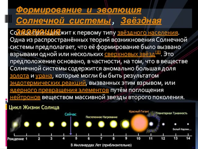 Солнце принадлежит к первому типу звёздного населения. Одна из распространённых