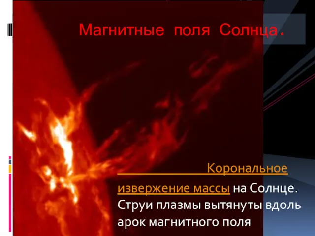 Корональное извержение массы на Солнце. Струи плазмы вытянуты вдоль арок магнитного поля Магнитные поля Солнца.