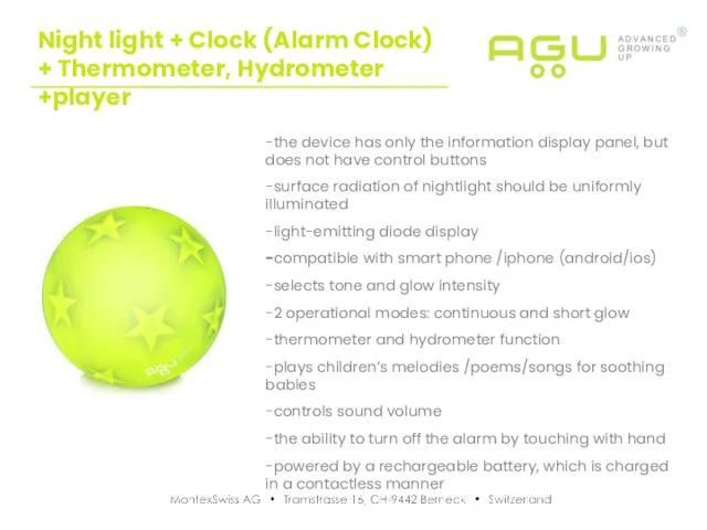Night light + Clock (Alarm Clock) + Thermometer, Hydrometer +player