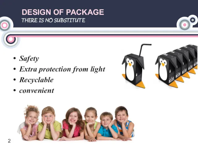 Safety Extra protection from light Recyclable convenient DESIGN OF PACKAGE THERE IS NO SUBSTITUTE 2