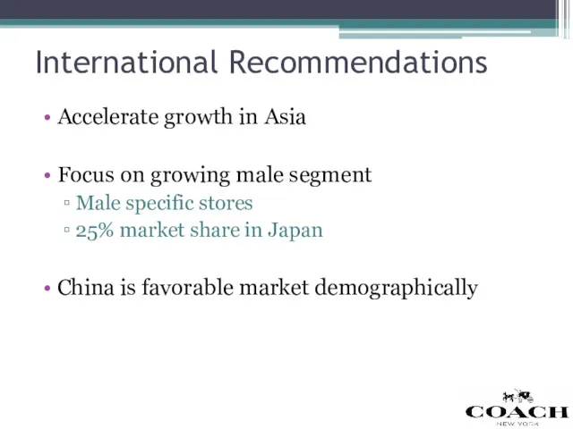International Recommendations Accelerate growth in Asia Focus on growing male