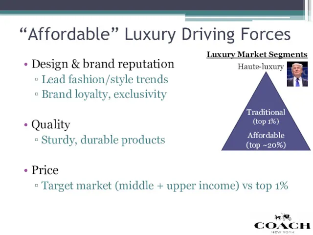 “Affordable” Luxury Driving Forces Design & brand reputation Lead fashion/style