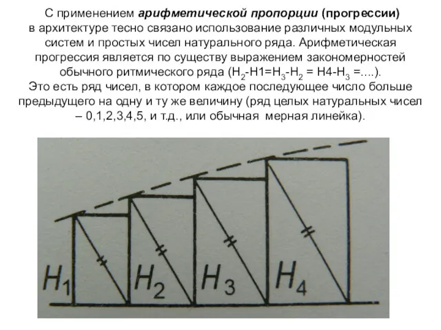 С применением арифметической пропорции (прогрессии) в архитектуре тесно связано использование