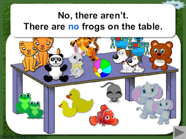 Are there two frogs on the table? check No, there