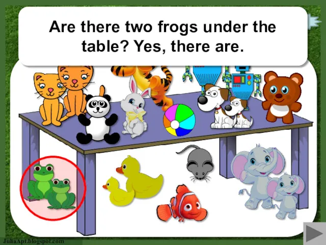 check Are there two frogs under the table? Yes, there are.