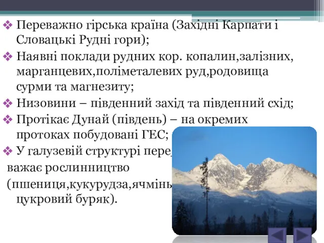 Переважно гірська країна (Західні Карпати і Словацькі Рудні гори); Наявні поклади рудних кор.