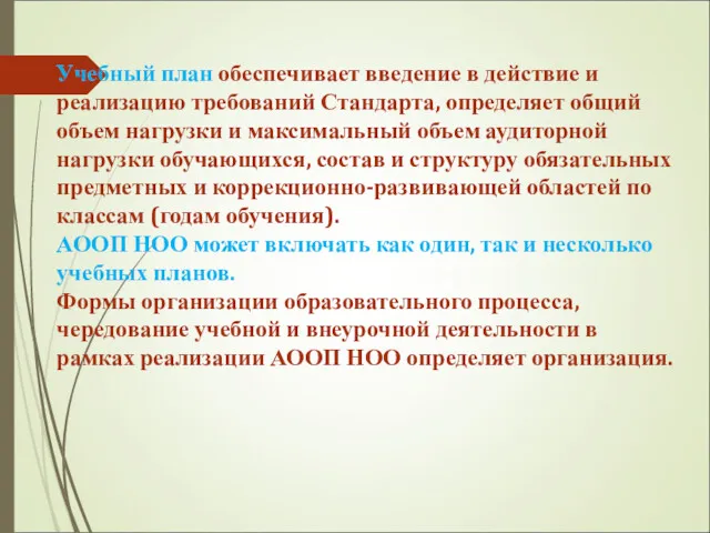 Учебный план обеспечивает введение в действие и реализацию требований Стандарта,