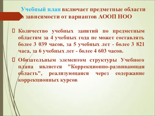 Учебный план включает предметные области в зависимости от вариантов АООП