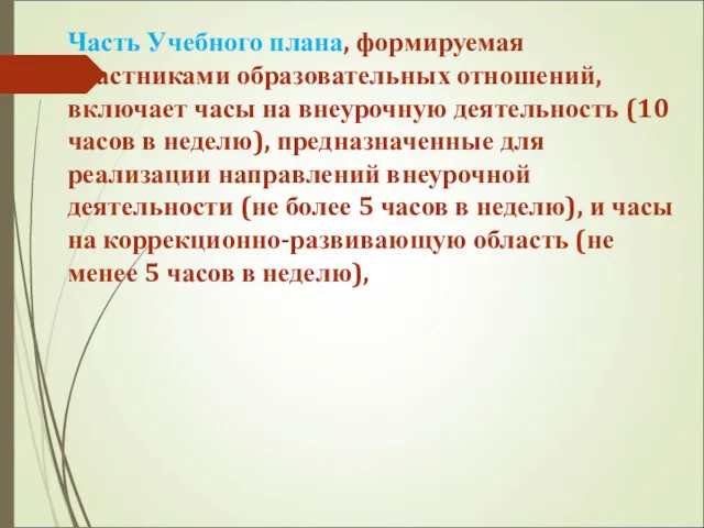 Часть Учебного плана, формируемая участниками образовательных отношений, включает часы на