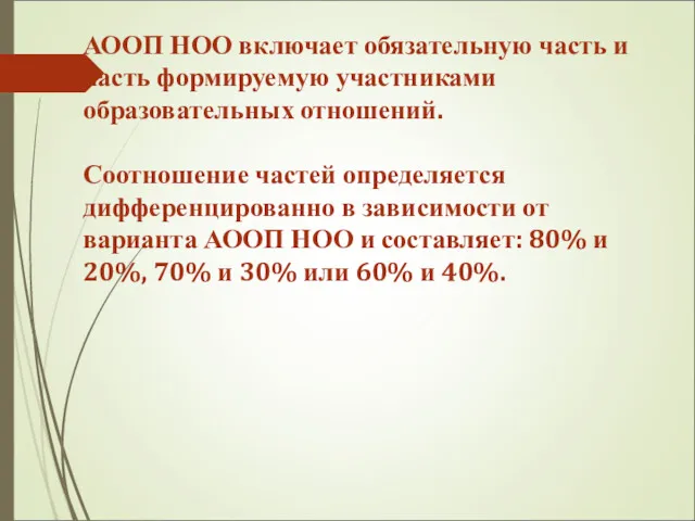 АООП НОО включает обязательную часть и часть формируемую участниками образовательных