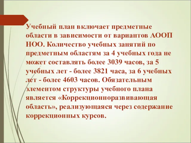 Учебный план включает предметные области в зависимости от вариантов АООП