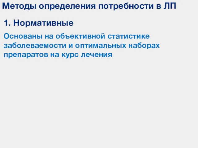 Методы определения потребности в ЛП 1. Нормативные Основаны на объективной