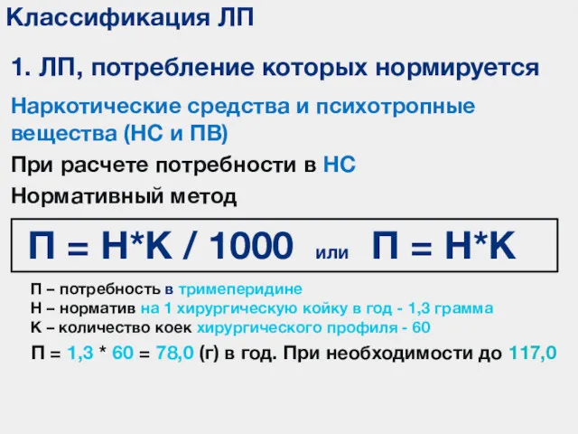 Классификация ЛП 1. ЛП, потребление которых нормируется Наркотические средства и