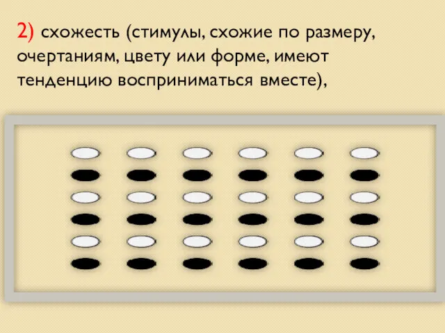 2) схожесть (стимулы, схожие по размеру, очертаниям, цвету или форме, имеют тенденцию восприниматься вместе),