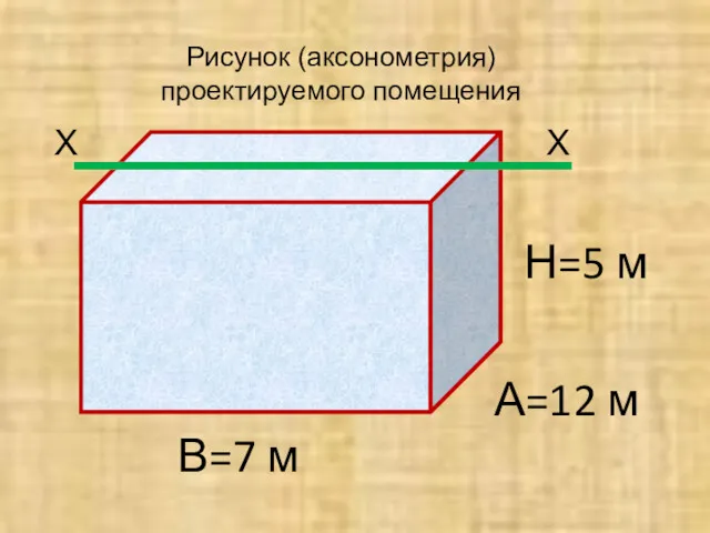 А=12 м Н=5 м В=7 м Рисунок (аксонометрия) проектируемого помещения Х Х