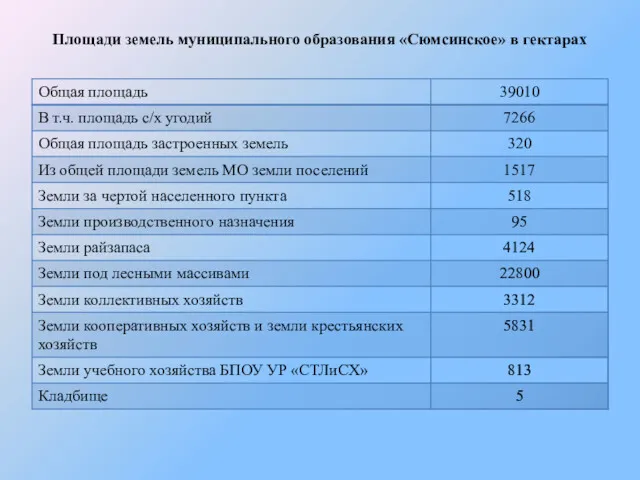 Площади земель муниципального образования «Сюмсинское» в гектарах